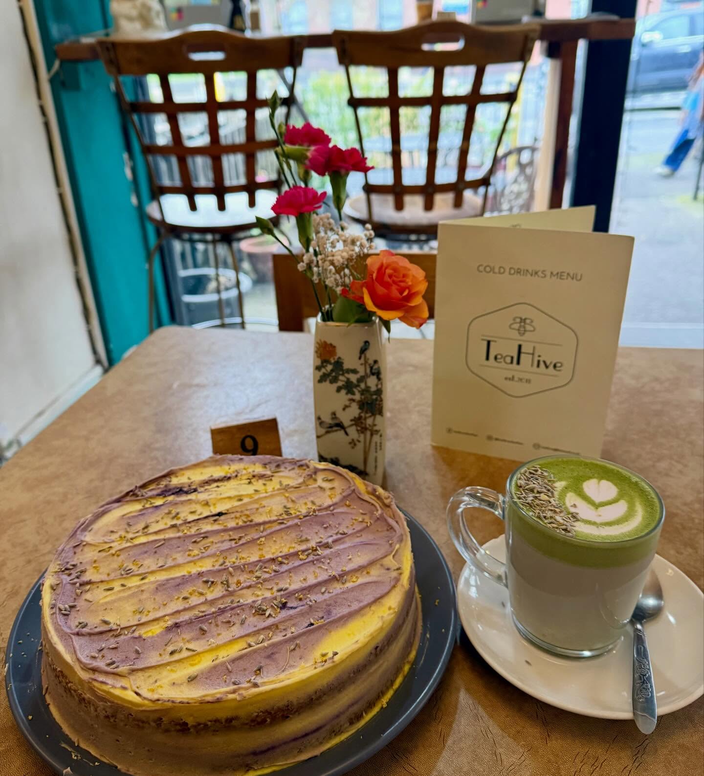 Lavender cake with a matcha latte